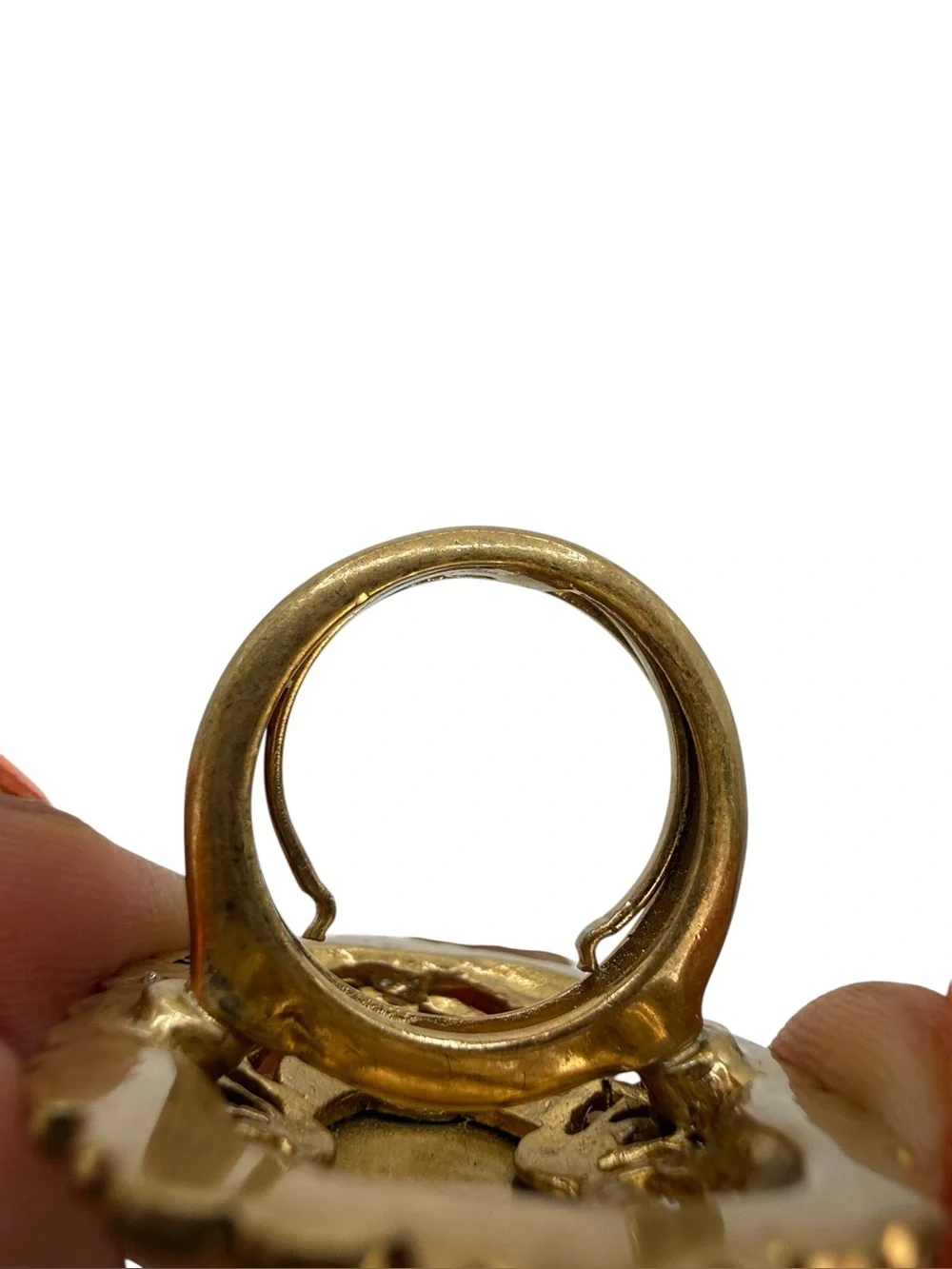 Vintage Juicy Couture Filigree Gold Tone Ring with Coral Cabochon Statement Ring